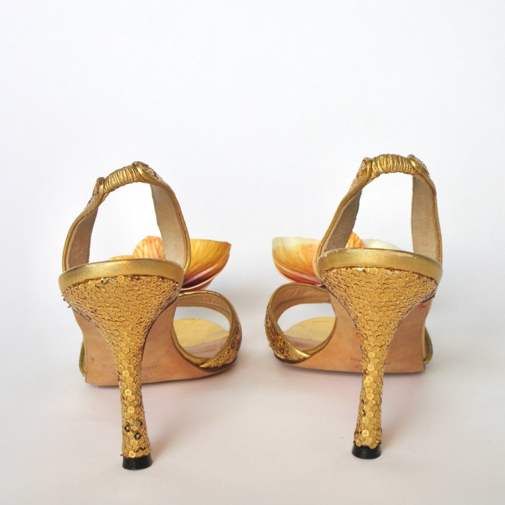Manolo Blahnik Gold Orchid Embellished Heels - Picture 6 of 8